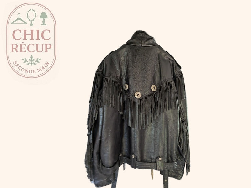 Blouson biker cuir Kerozen - 54 - Noir - Franges