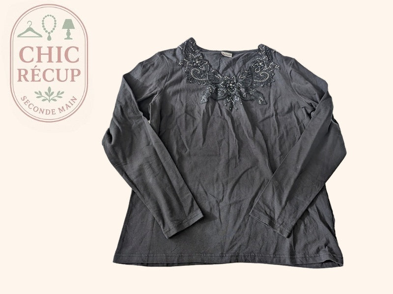 T-shirt manches longues Damart - L - Gris - Broderie