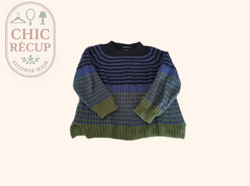 Pull Monoprix Femme - M - Vert - Rayé Noir Bleu