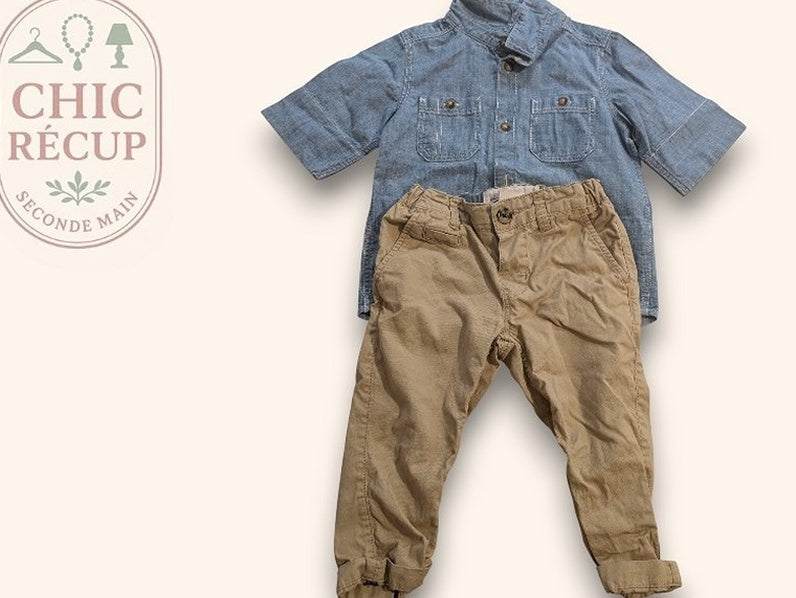 Ensemble garçon chemise manches courtes et pantalon 9-12m