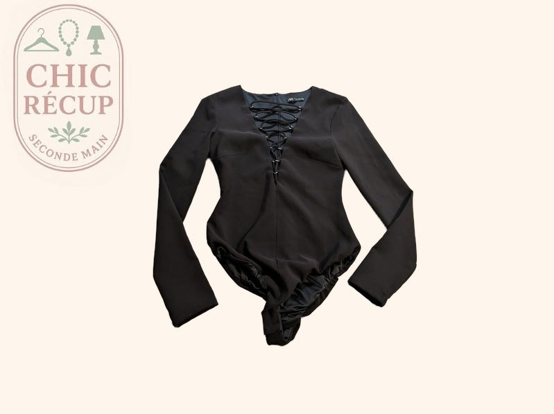 Body Zara - Xs - Noir - Manches longues décolleté lacé