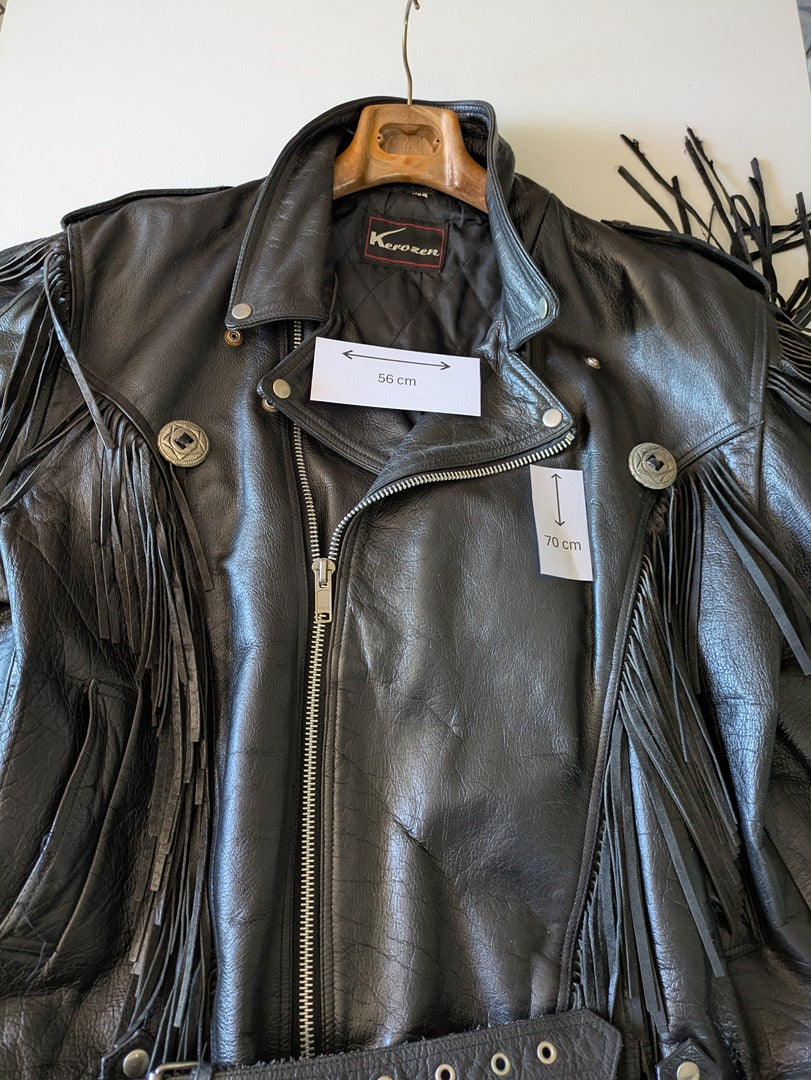 Blouson biker cuir Kerozen - 54 - Noir - Franges