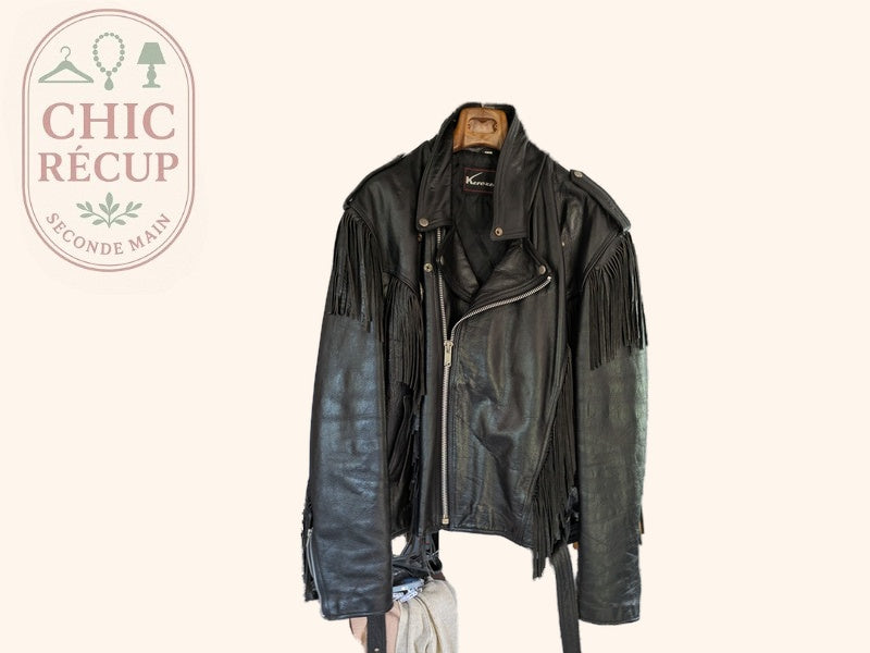Blouson biker cuir Kerozen - 54 - Noir - Franges
