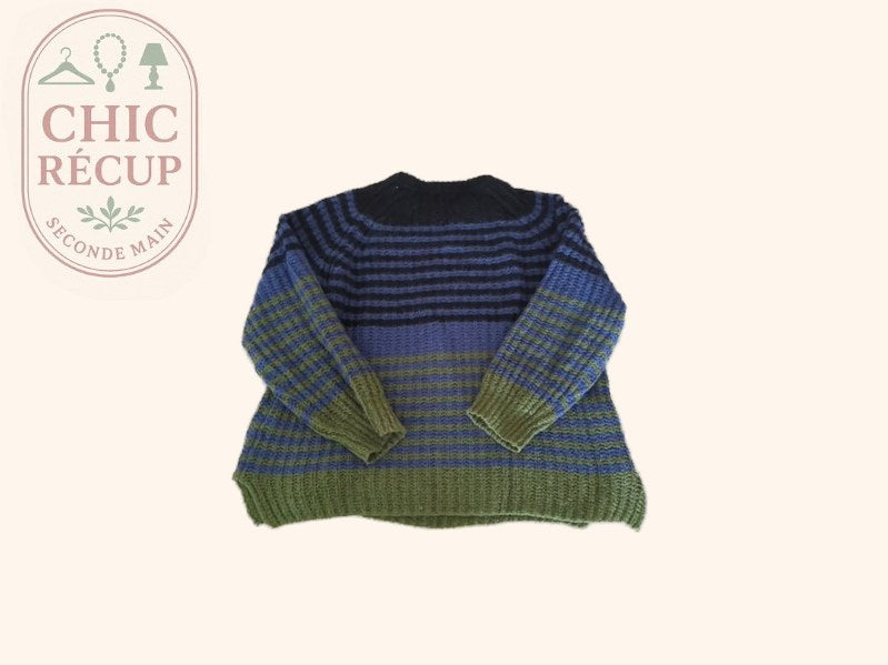 Pull Monoprix Femme - M - Vert - Rayé Noir Bleu