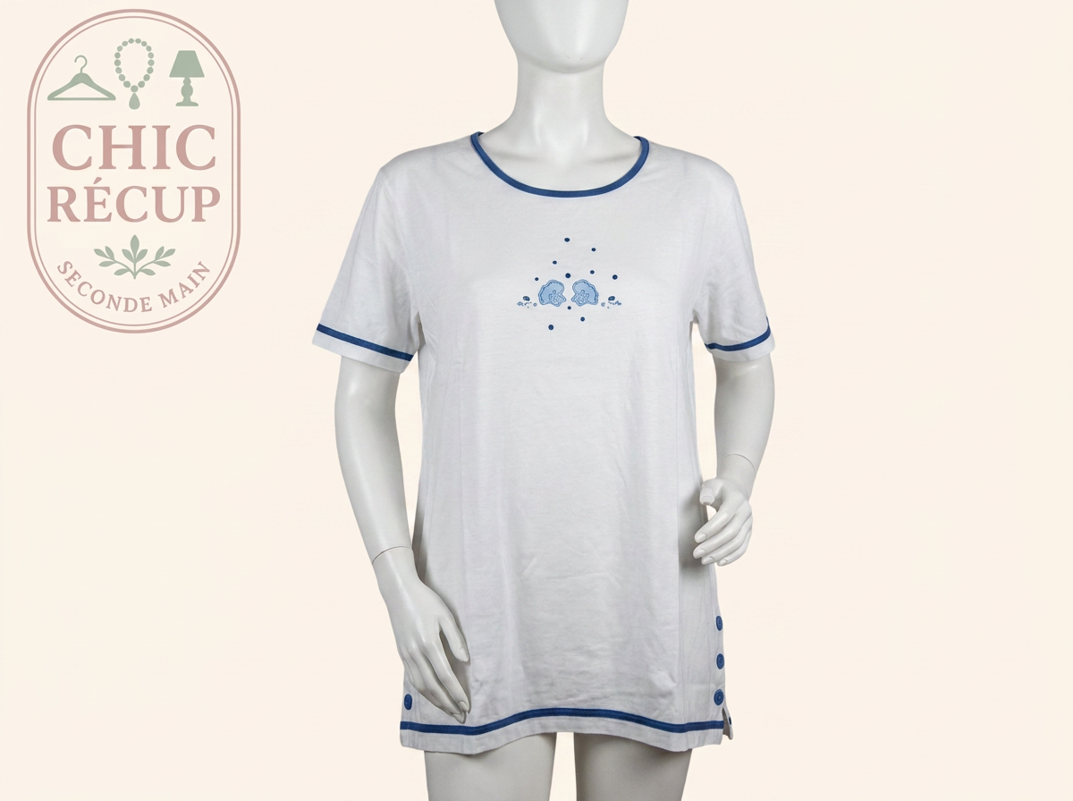 T-shirt Damart - L - Blanc - coton broderie