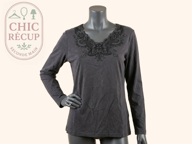 T-shirt manches longues Damart - L - Gris - Broderie