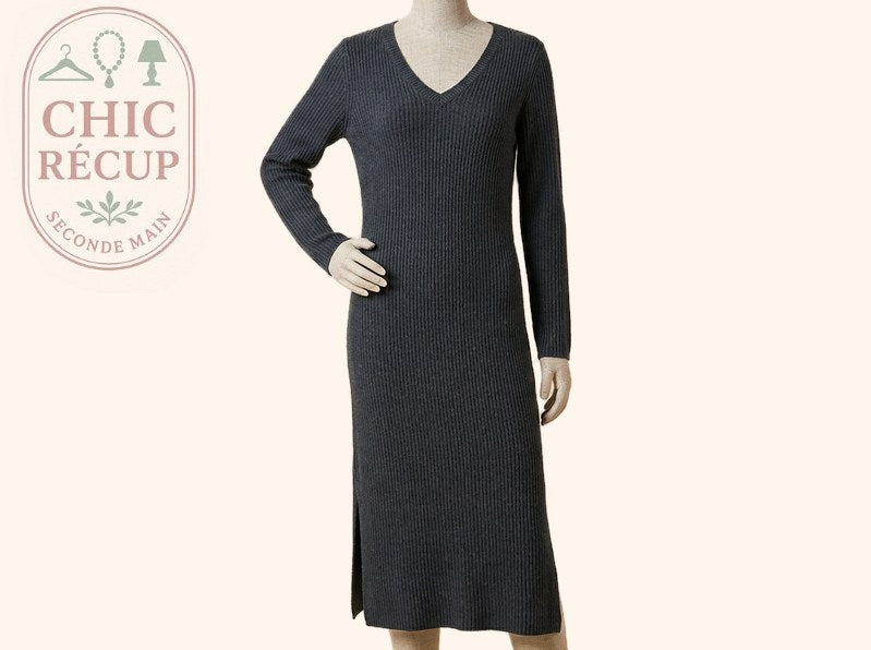 Robe pull Camaïeu - M - Gris - Longue maille col V