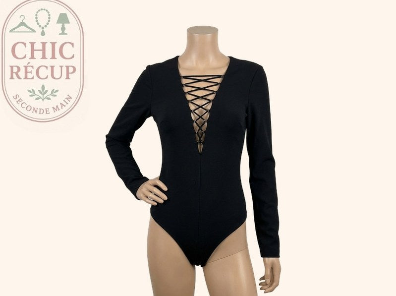 Body Zara - Xs - Noir - Manches longues décolleté lacé