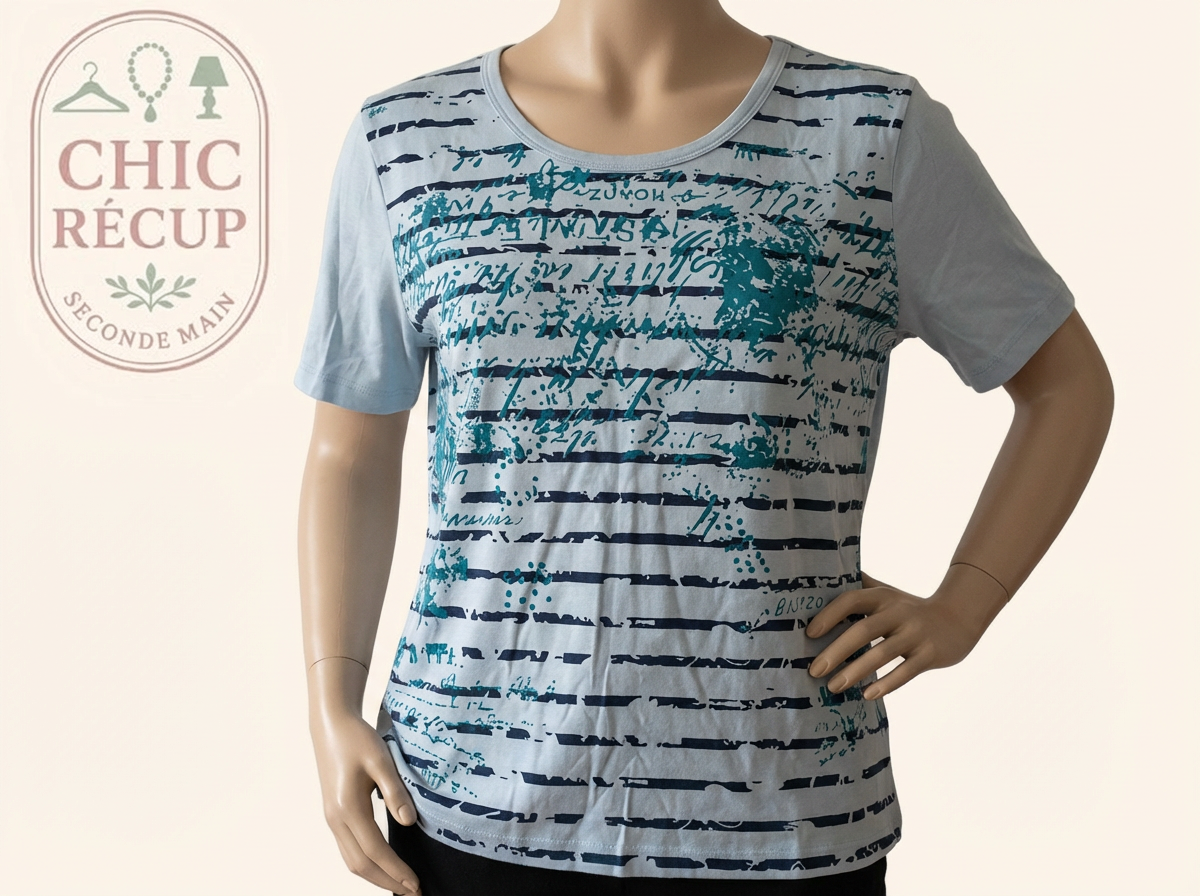 T-shirt Damart - L - Bleu ciel - Rayures