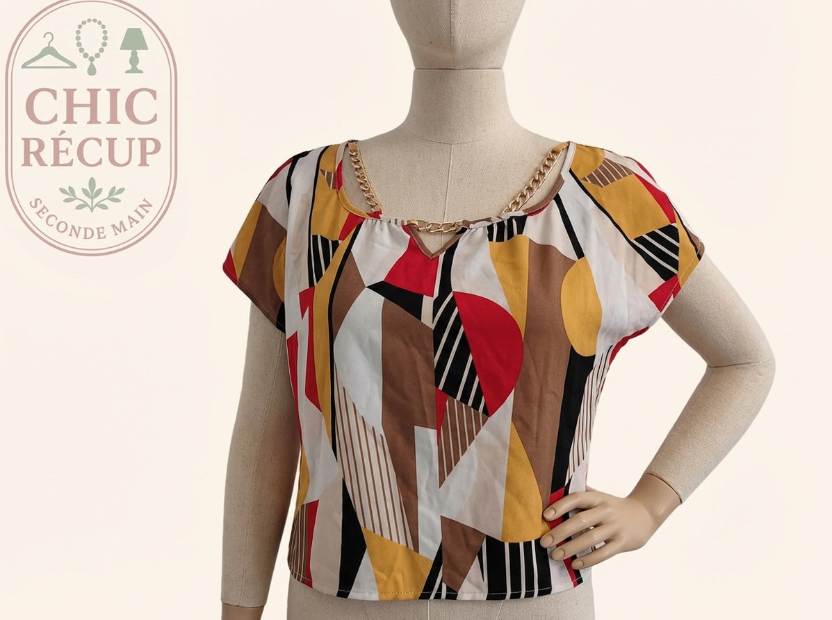 Blouse Shein - L - Rouge - motif géométrique et chaînes