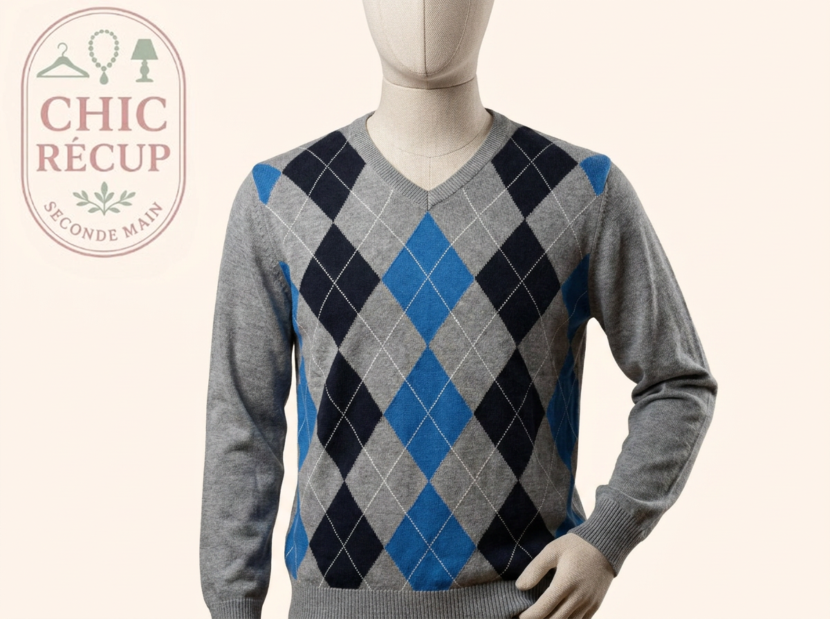 Pull col V - Angelo Litrico - M - Gris - Motif Losanges